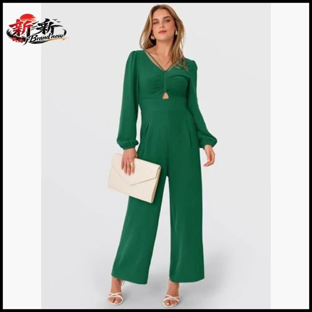 Long Sleeve V Neck Wide Leg Jumpsuit Formal Polyester